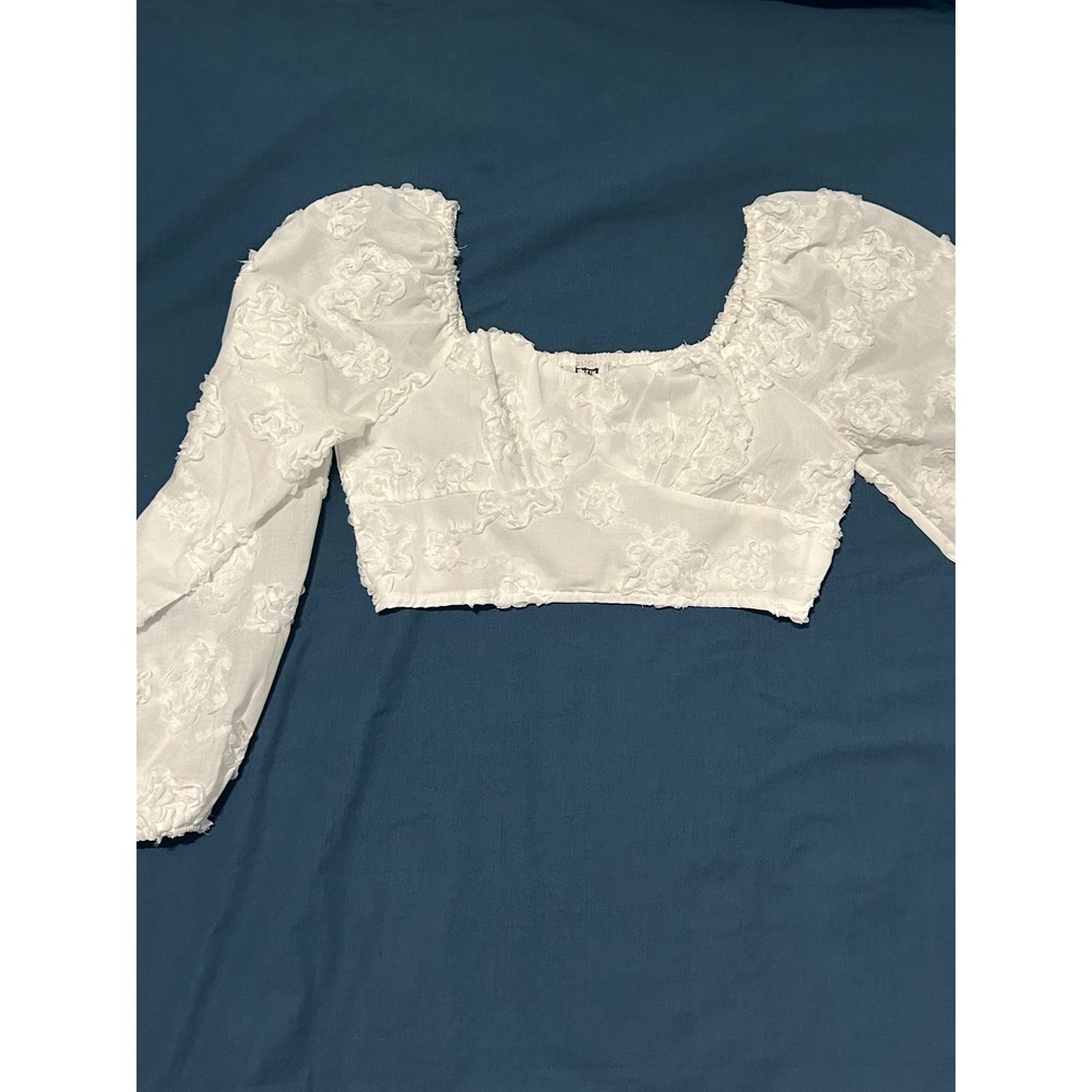 SHEIN White 3D Floral Textured Crop Top Square Neck Puff Sleeve Romantic Size M